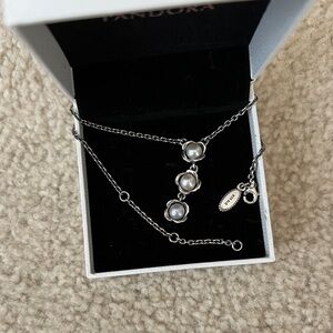 Pandora Retired Three Wishes Grey Pearl Flower Ring size US 6 & Necklace set